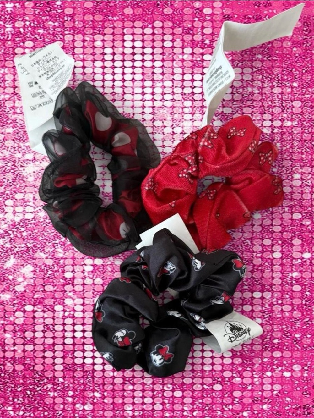 Disney Parks Minnie Mouse red/black scrunchies with white polka dots, one size